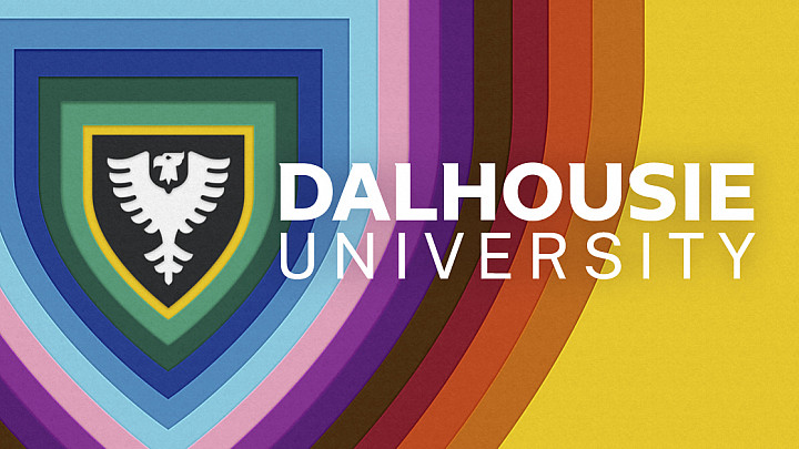 Dalhousie University logo over a rainbow background.
