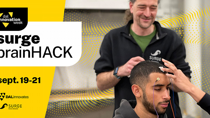 Two people testing out equipment attached to someones head. On the other side is details regarding the event